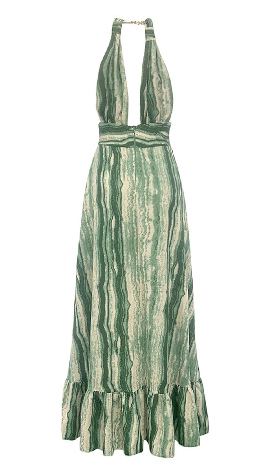 STRIPED HALTER NECK RUFFLE - HEM MAXI DRESS IN GREEN