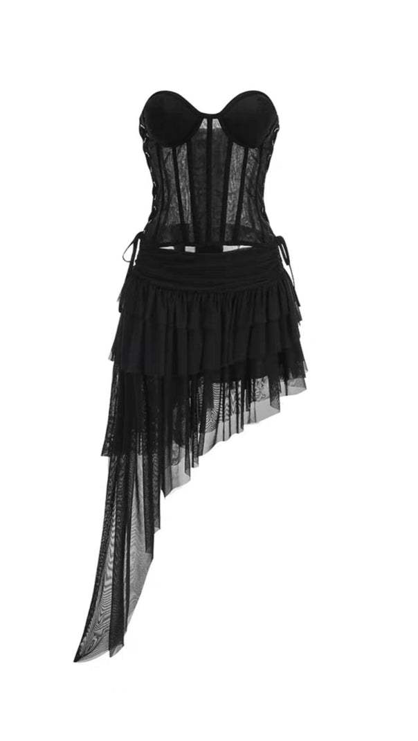 AIIZIE BLACK CORSET TOP & IRREGULAR MESH SKIRT TWO PIECES SET - product image