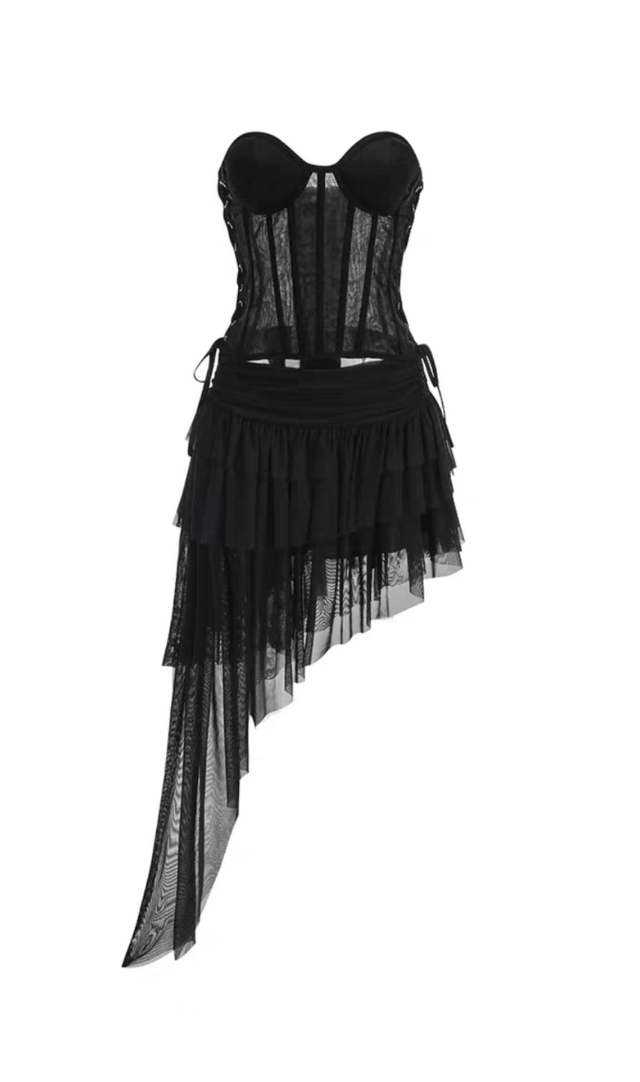 Black Corset Top & Irregular Mesh Skirt Two Pieces Set