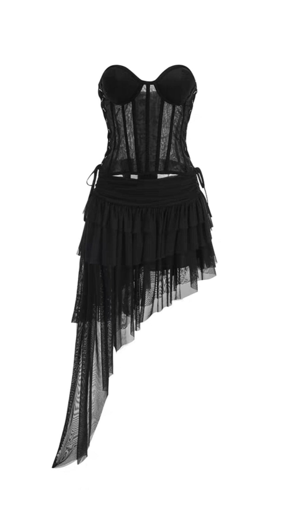BLACK CORSET TOP & IRREGULAR MESH SKIRT TWO PIECES SET