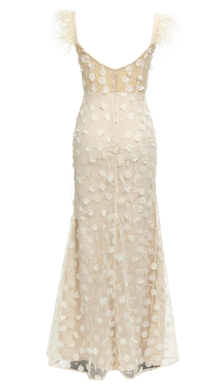FEATHER - STRAP FLORAL - EMBROIDERED MERMAID GOWN IN IVORY