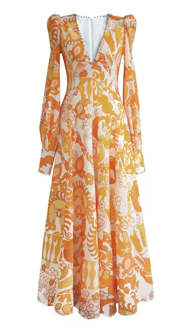 AIIZIE ORANGE PRINT SHEER SLEEVE V - NECK MIDI DRESS - product image
