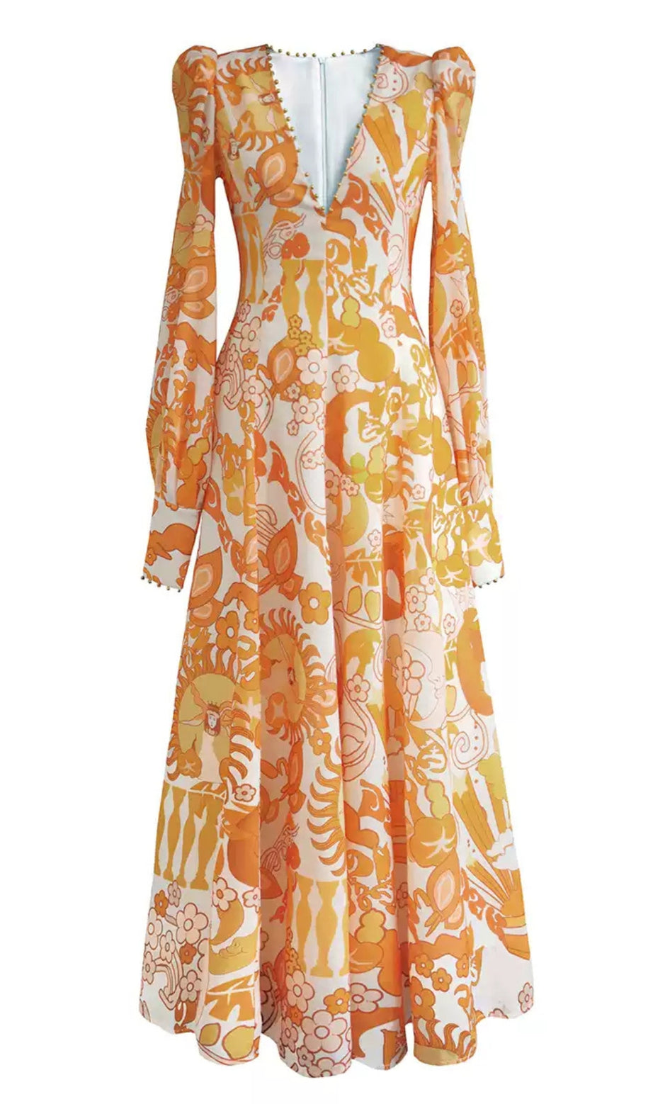 Orange Print Sheer Sleeve V - Neck Midi Dress