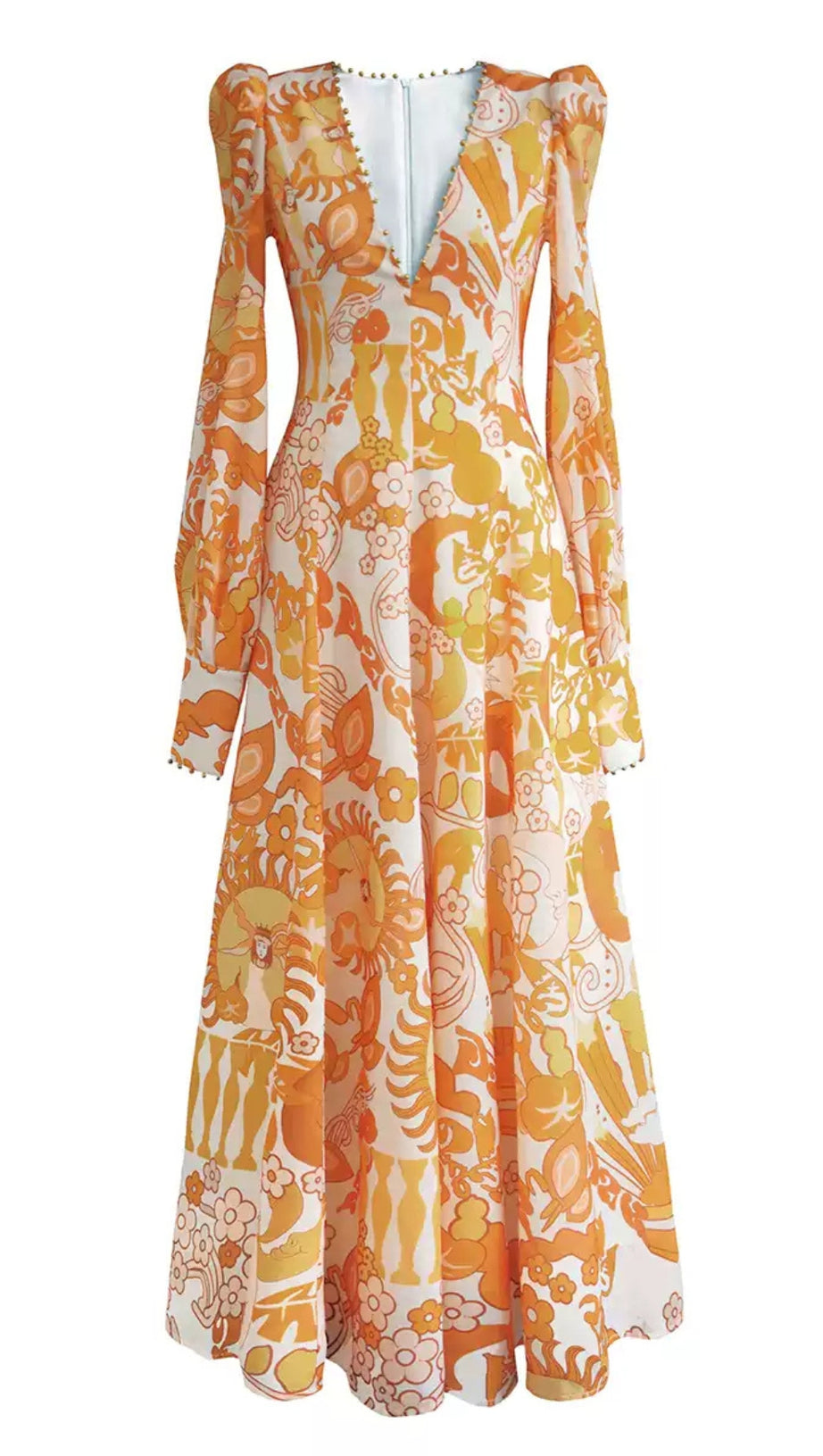 ORANGE PRINT SHEER SLEEVE V - NECK MIDI DRESS