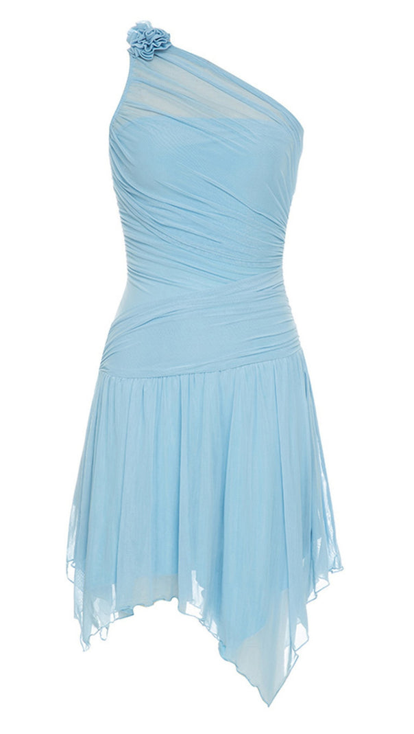 AIIZIE ONE - SHOULDER FLOWER - ACCENT ASYMMETRIC MESH DRESS IN LIGHT BLUE - product image