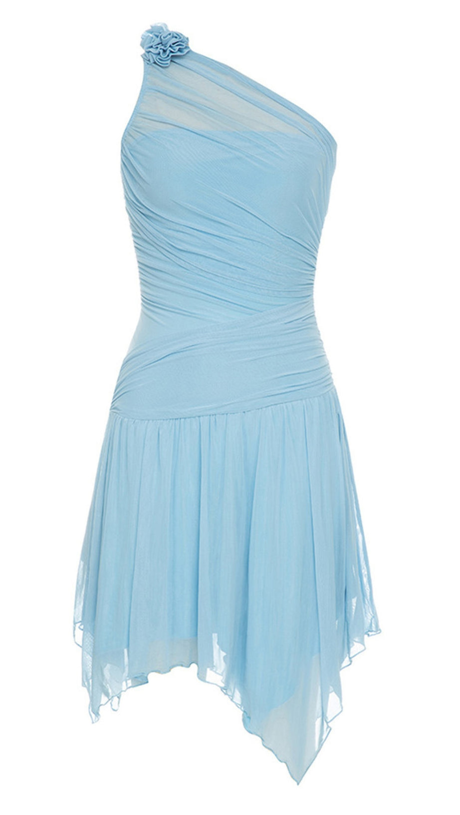 ONE - SHOULDER FLOWER - ACCENT ASYMMETRIC MESH DRESS IN LIGHT BLUE
