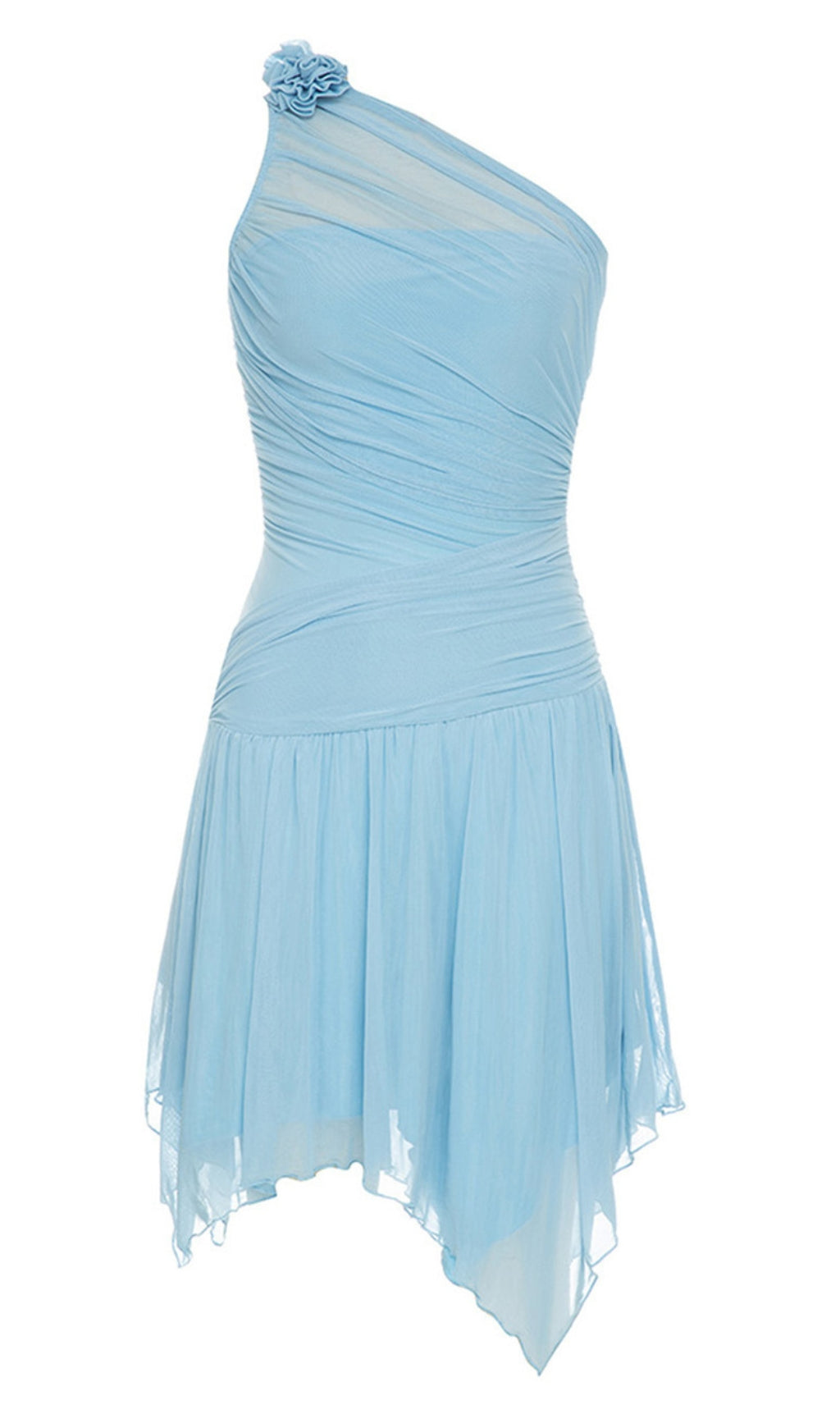 ONE - SHOULDER FLOWER - ACCENT ASYMMETRIC MESH DRESS IN LIGHT BLUE