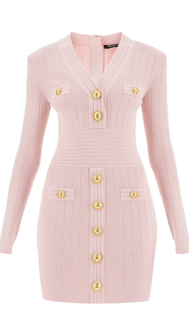 AIIZIE V-NECK METAL BUTTON KNITTED MINI DRESS IN PINK - product image