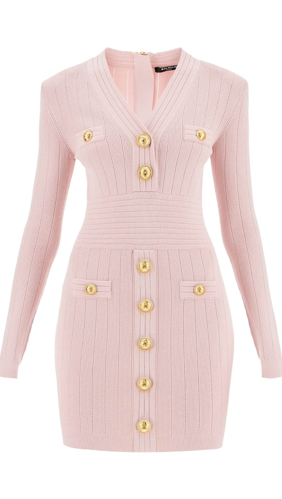 V-NECK METAL BUTTON KNITTED MINI DRESS IN PINK