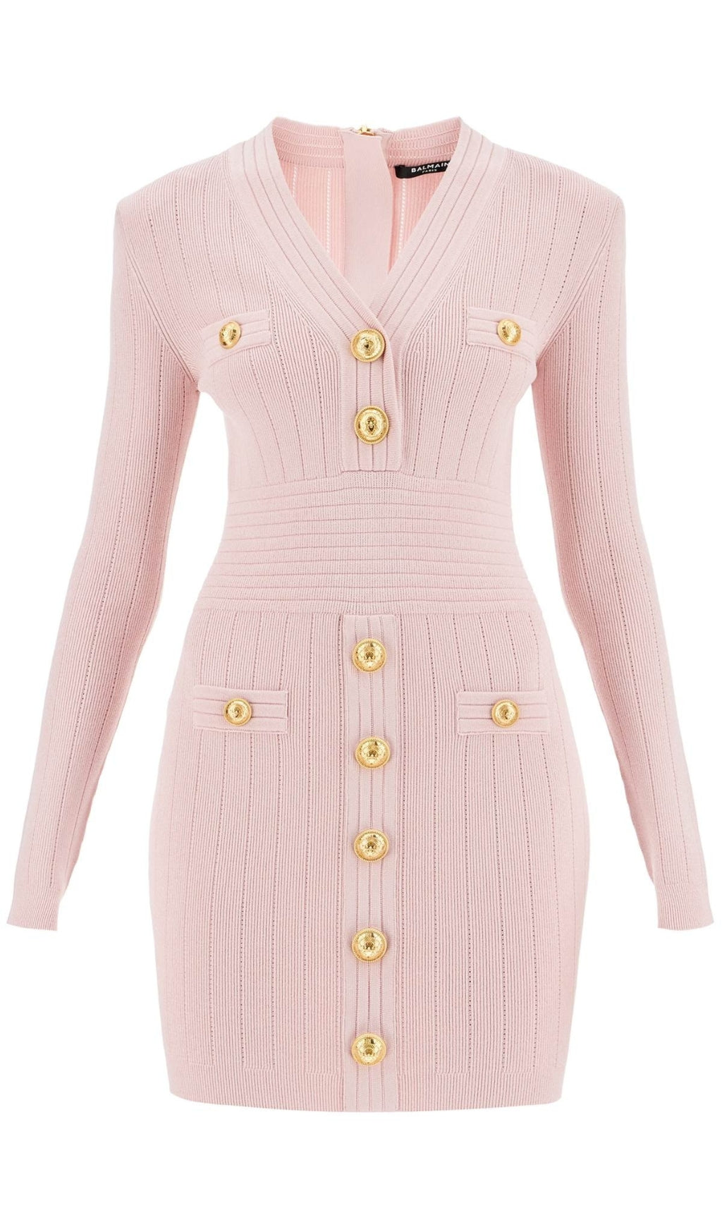 V-NECK METAL BUTTON KNITTED MINI DRESS IN PINK