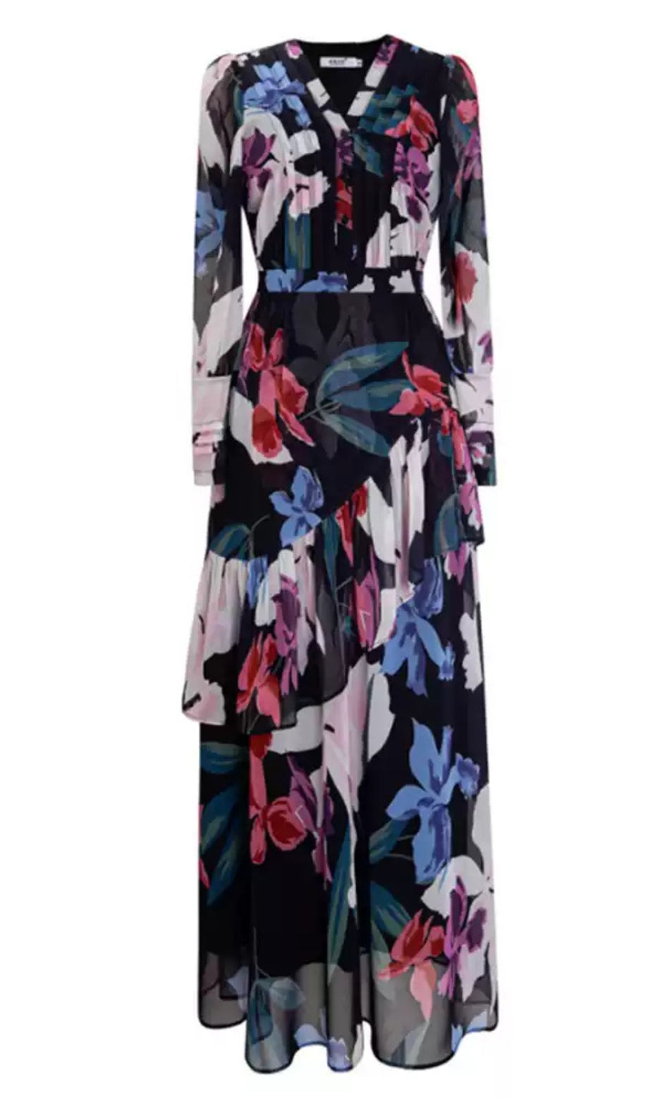 Elegant Floral Chiffon Maxi Dress with Ruffled Details