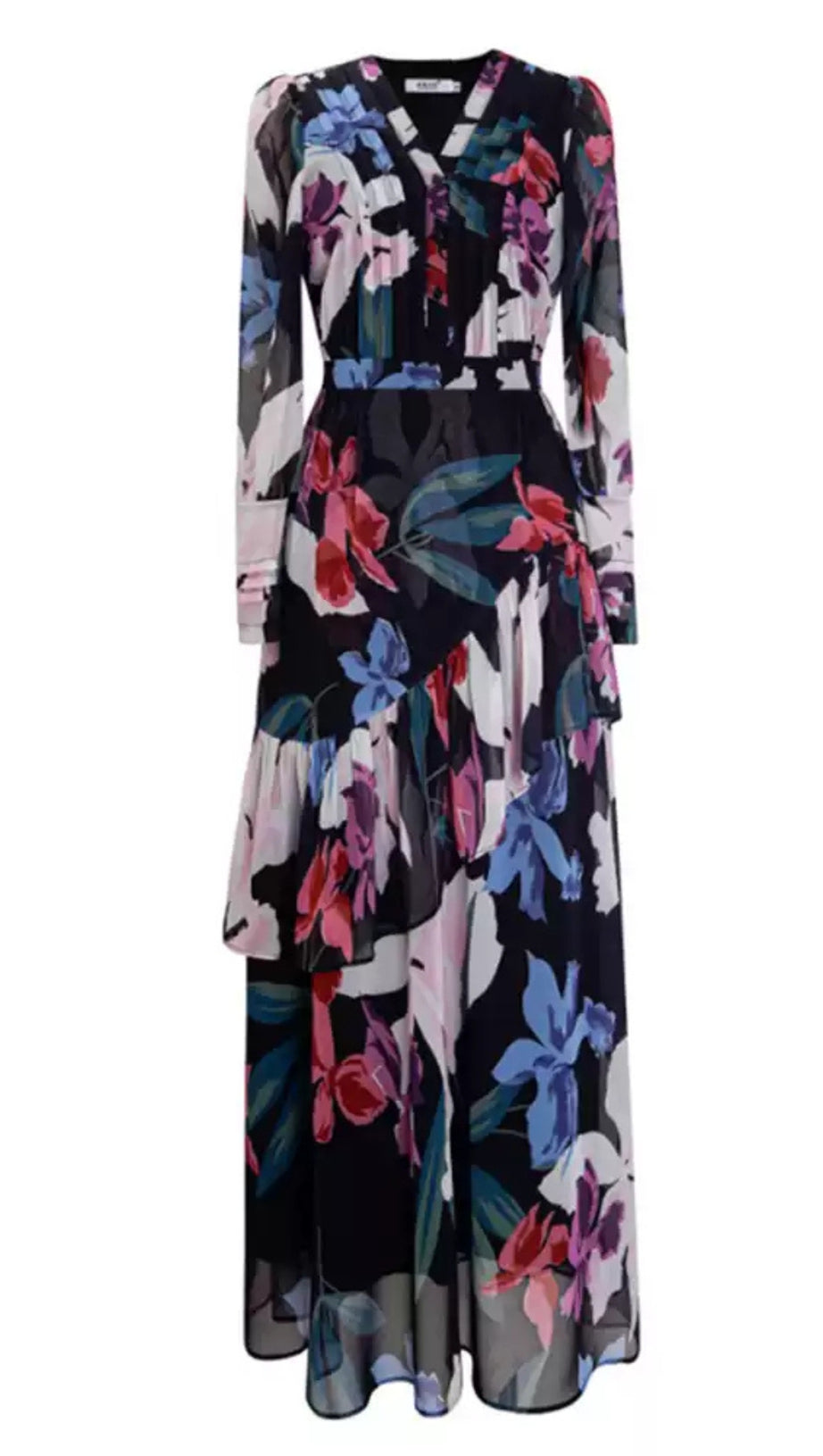 ELEGANT FLORAL CHIFFON MAXI DRESS WITH RUFFLED DETAILS