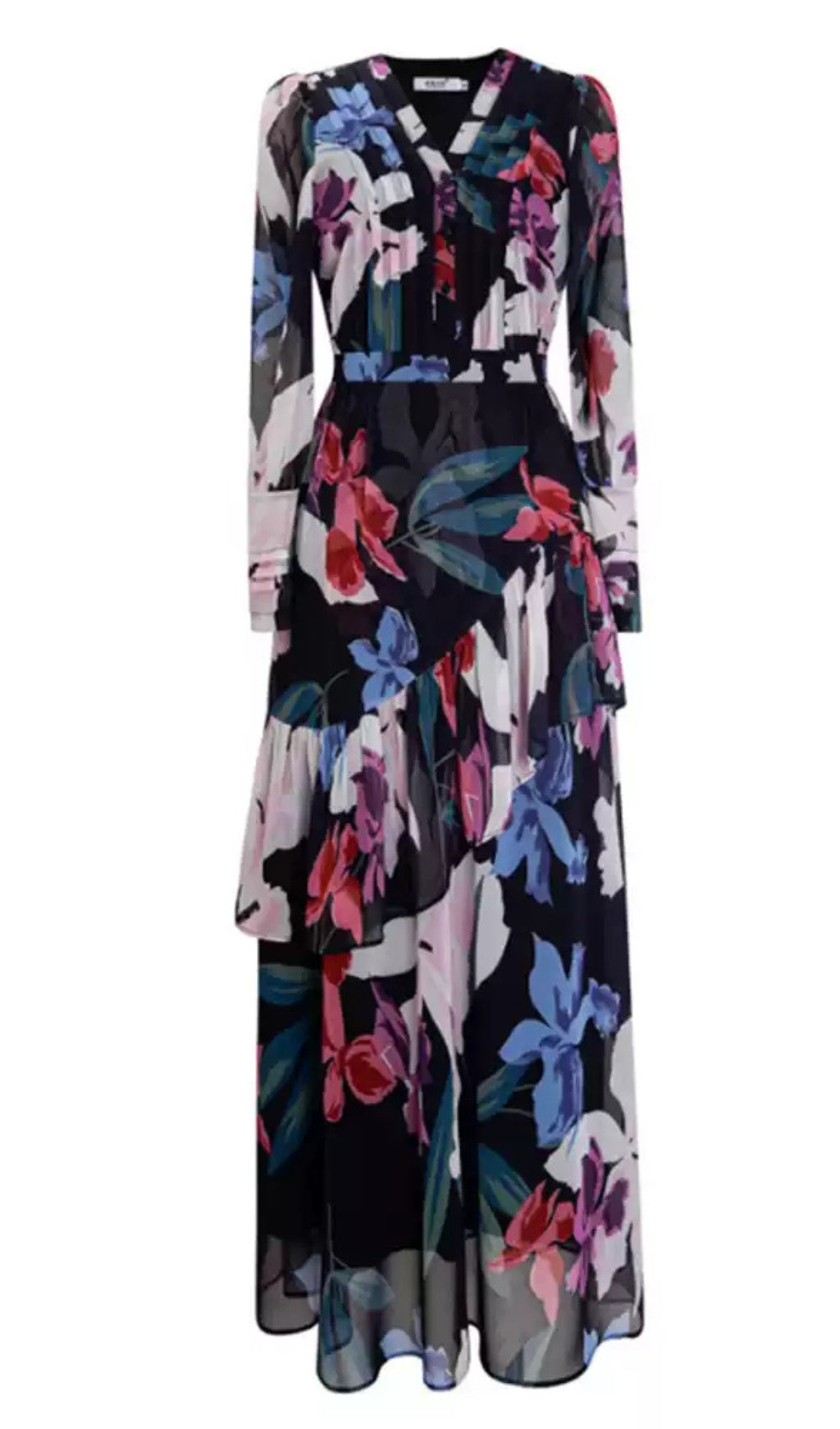 ELEGANT FLORAL CHIFFON MAXI DRESS WITH RUFFLED DETAILS