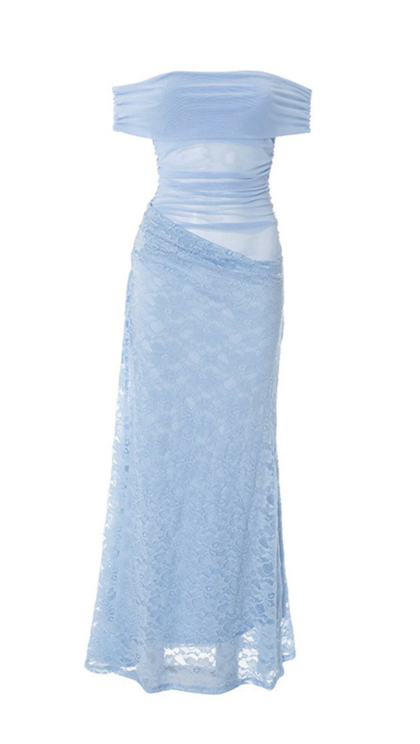 AIIZIE OFF SHOULDER RUCHED LACE MIDI DRESS IN LIGHT BLUE - product image