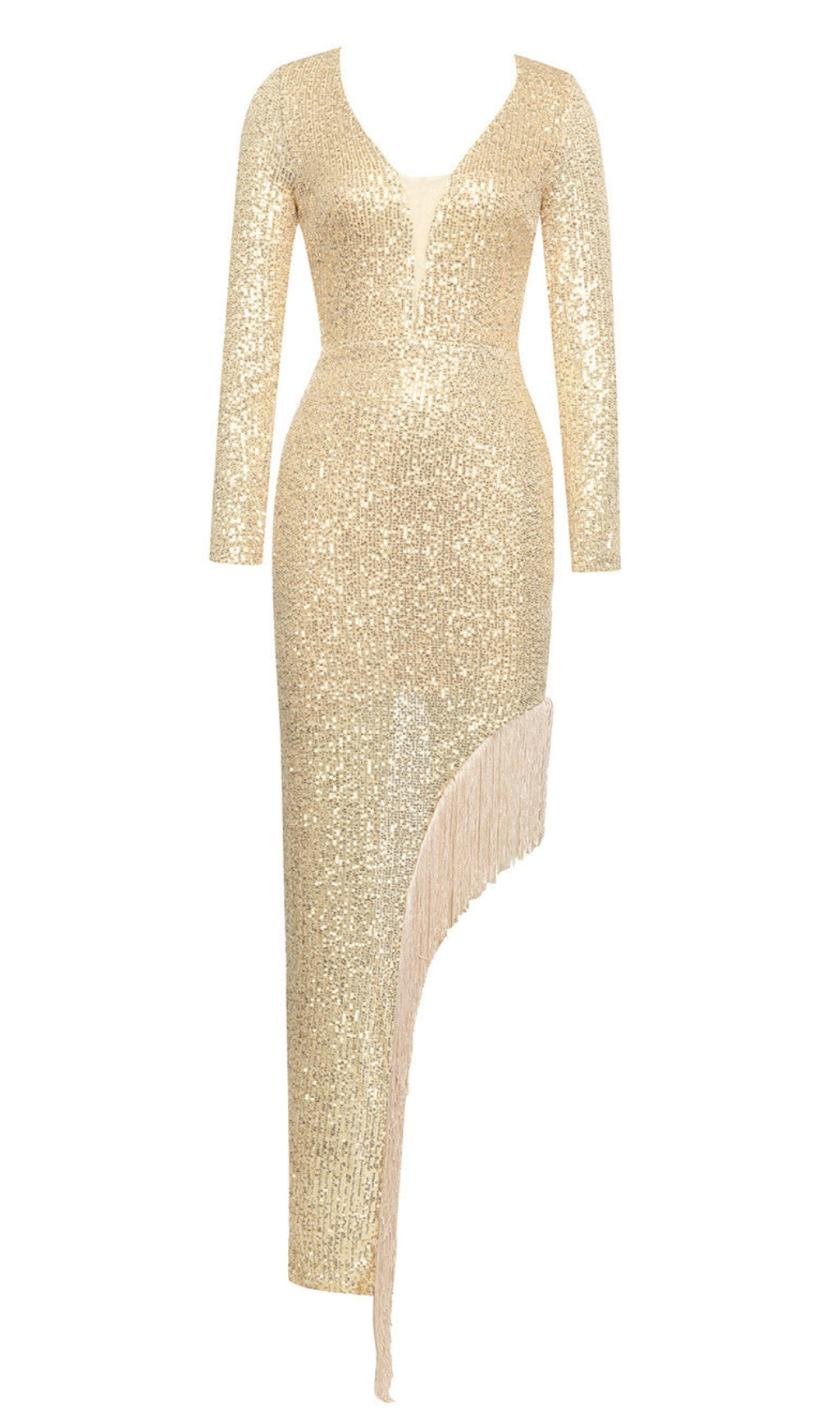 SEQUIN V - NECK LONG - SLEEVE ASYMMETRIC FRINGE DRESS IN GOLD