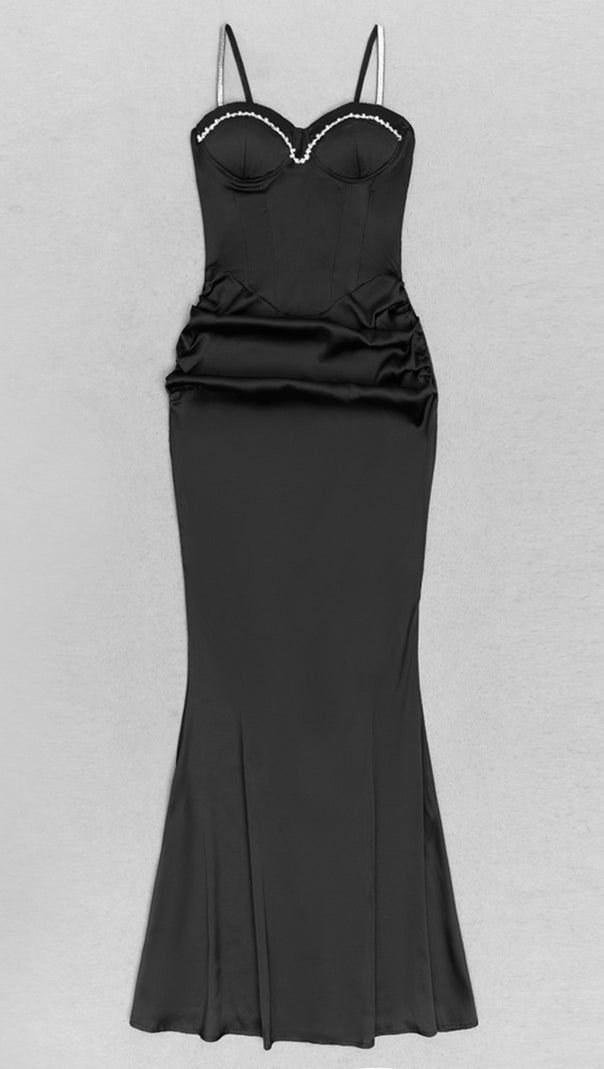 AIIZIE SATIN CORSET - STYLE RHINESTONE - TRIM MAXI DRESS WITH GLOVES IN BLACK - product image