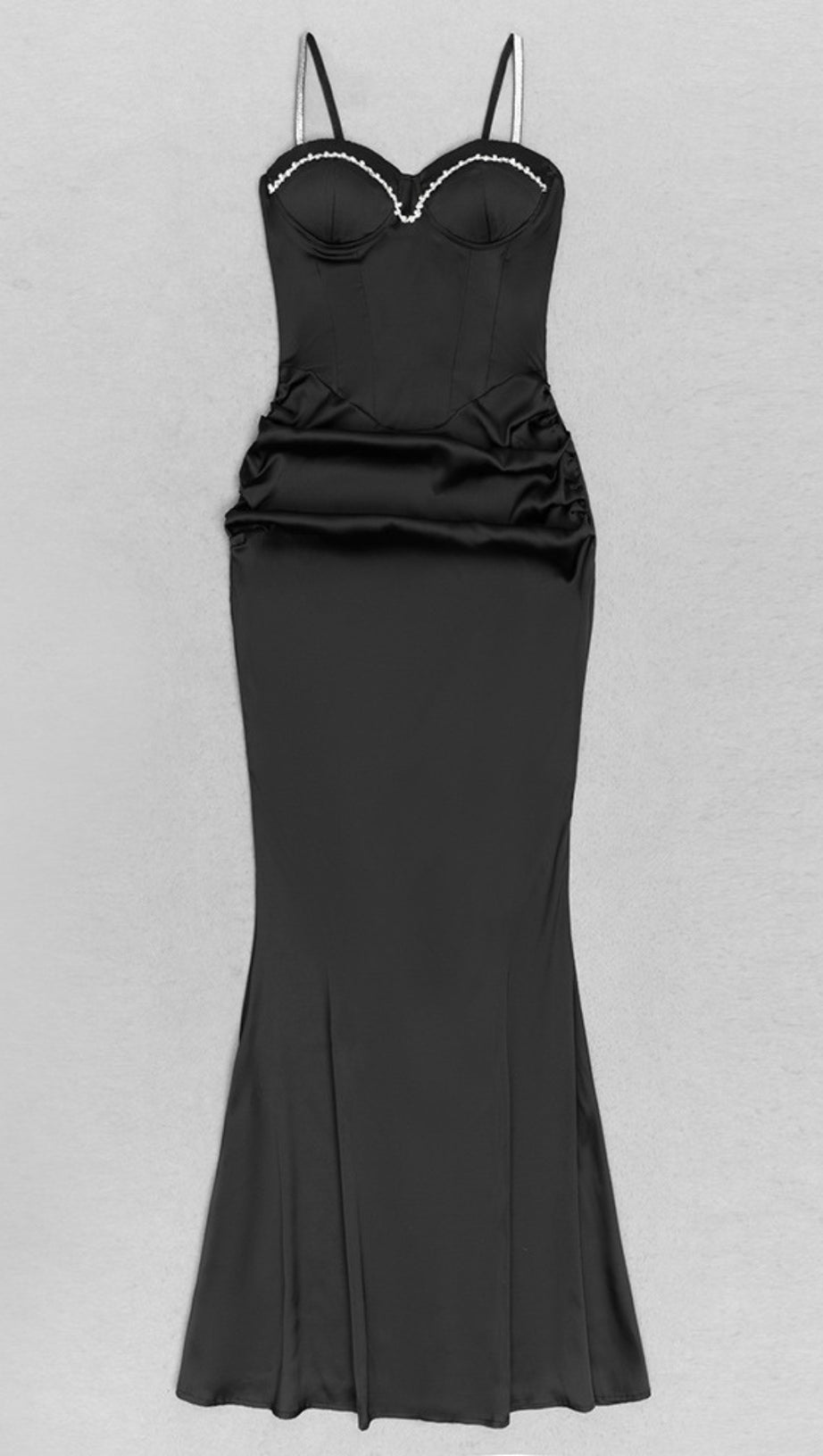 SATIN CORSET - STYLE RHINESTONE - TRIM MAXI DRESS WITH GLOVES IN BLACK