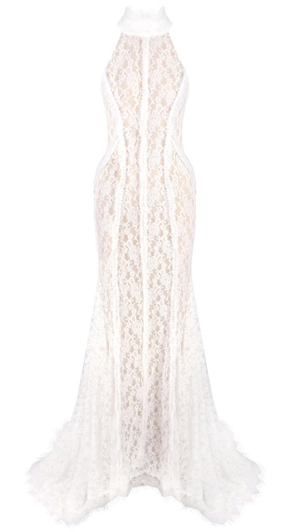 AIIZIE LACE HALTER NECK MERMAID MAXI DRESS IN WHITE - product image