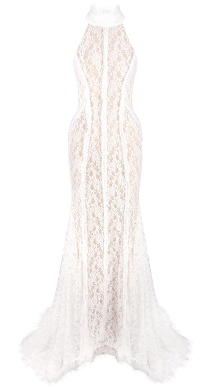 LACE HALTER NECK MERMAID MAXI DRESS IN WHITE