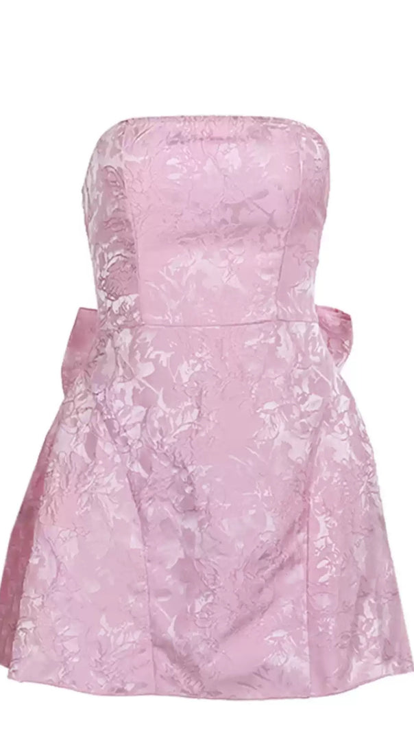 AIIZIE PINK STRAPLESS BOW - BACK BROCADE MINI HOCO DRESS - product image