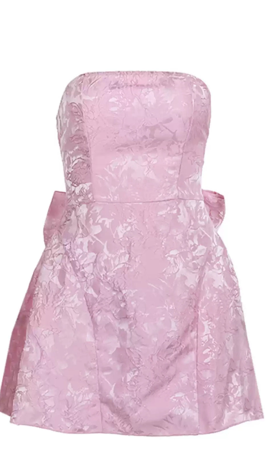 Mini abito Hoco in broccato con fiocco rosa senza spalline e schiena 