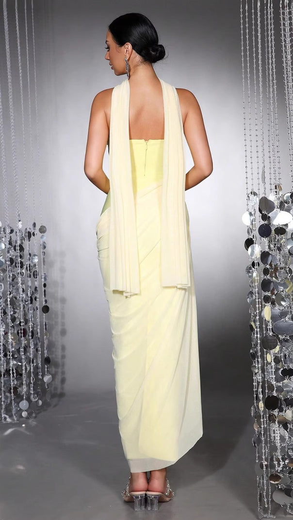 AIIZIE RHINESTONE PATCHWORK STRAPLESS HERRINGBONE MAXI DRESS - YELLOW - product image