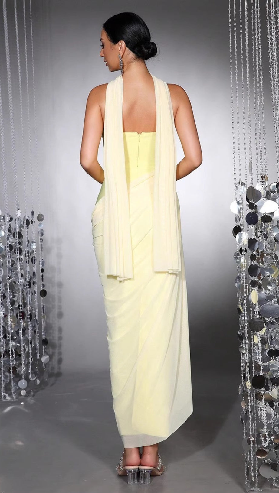 RHINESTONE PATCHWORK STRAPLESS HERRINGBONE MAXI DRESS - YELLOW