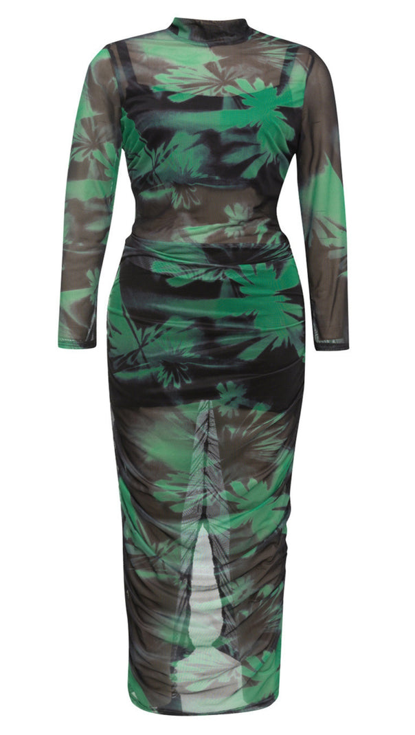 AIIZIE FLORAL MESH HIGH - NECK RUCHED MIDI DRESS IN GREEN - product image
