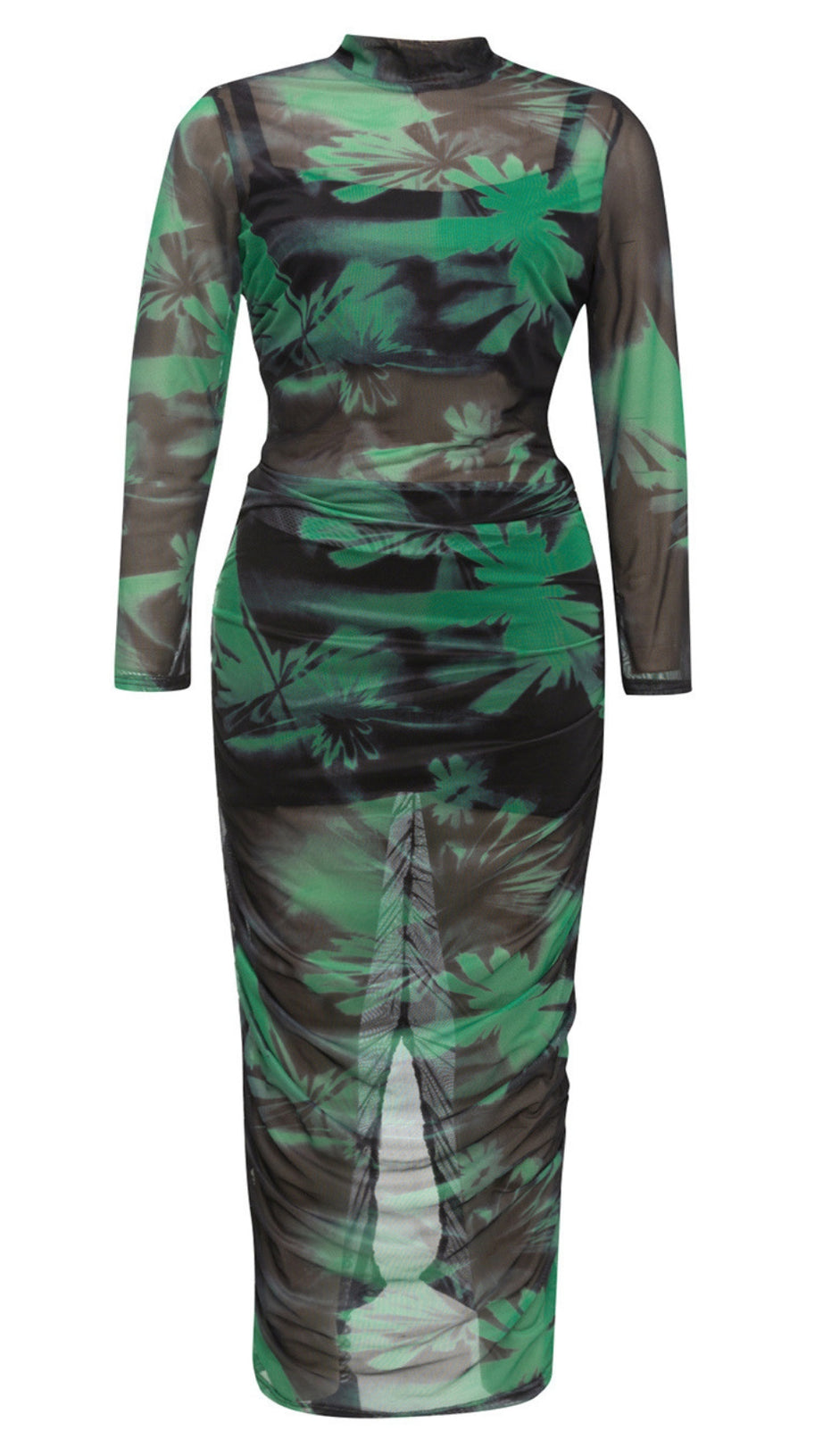 FLORAL MESH HIGH - NECK RUCHED MIDI DRESS IN GREEN