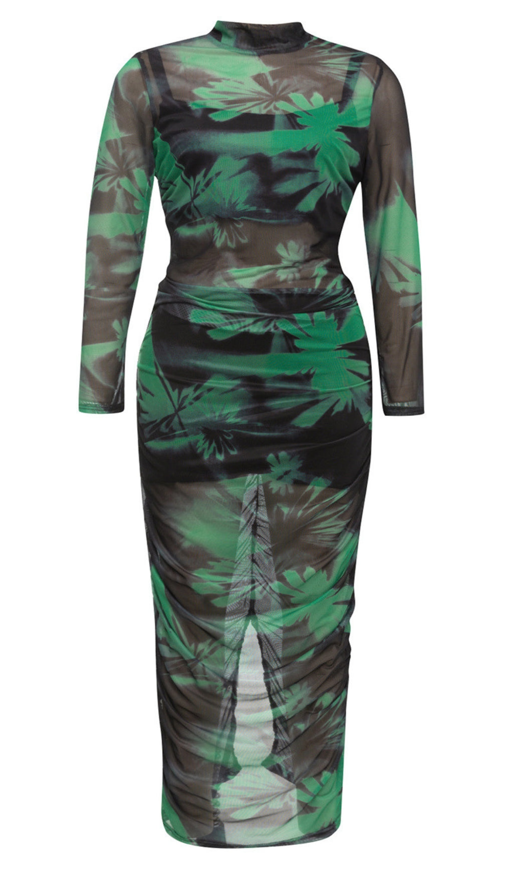 Geblümtes, hochgeschlossenes, gerüschtes Midikleid aus Netzstoff in Grün 