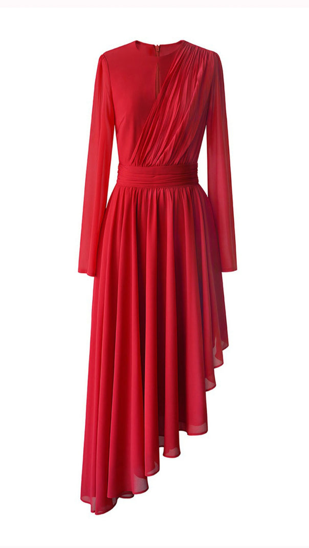 AIIZIE RED CHIFFON ASYMMETRIC MIDI DRESS WITH PLEATED DETAIL - product image
