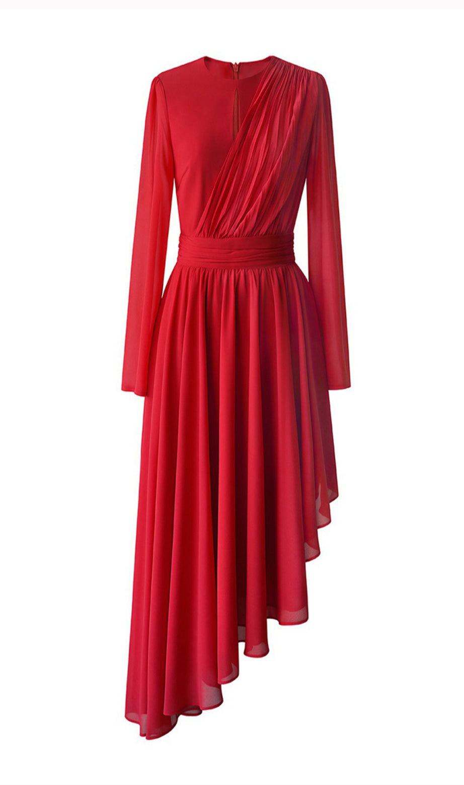 Abito midi asimmetrico in chiffon rosso con dettagli plissettati 