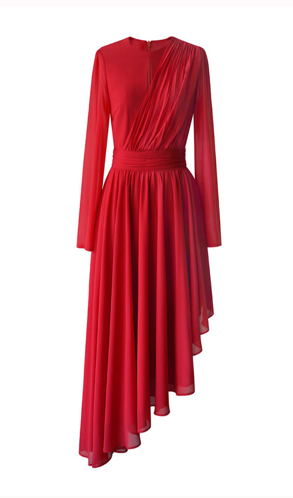 Rotes asymmetrisches Midikleid aus Chiffon mit Plissee-Detail 