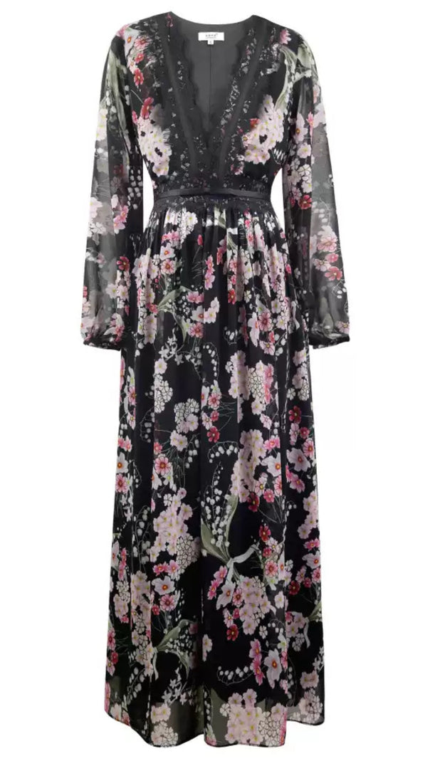 AIIZIE BLACK FLORAL LONG SLEEVE MAXI DRESS WITH V - NECK AND LACE DETAIL - product image
