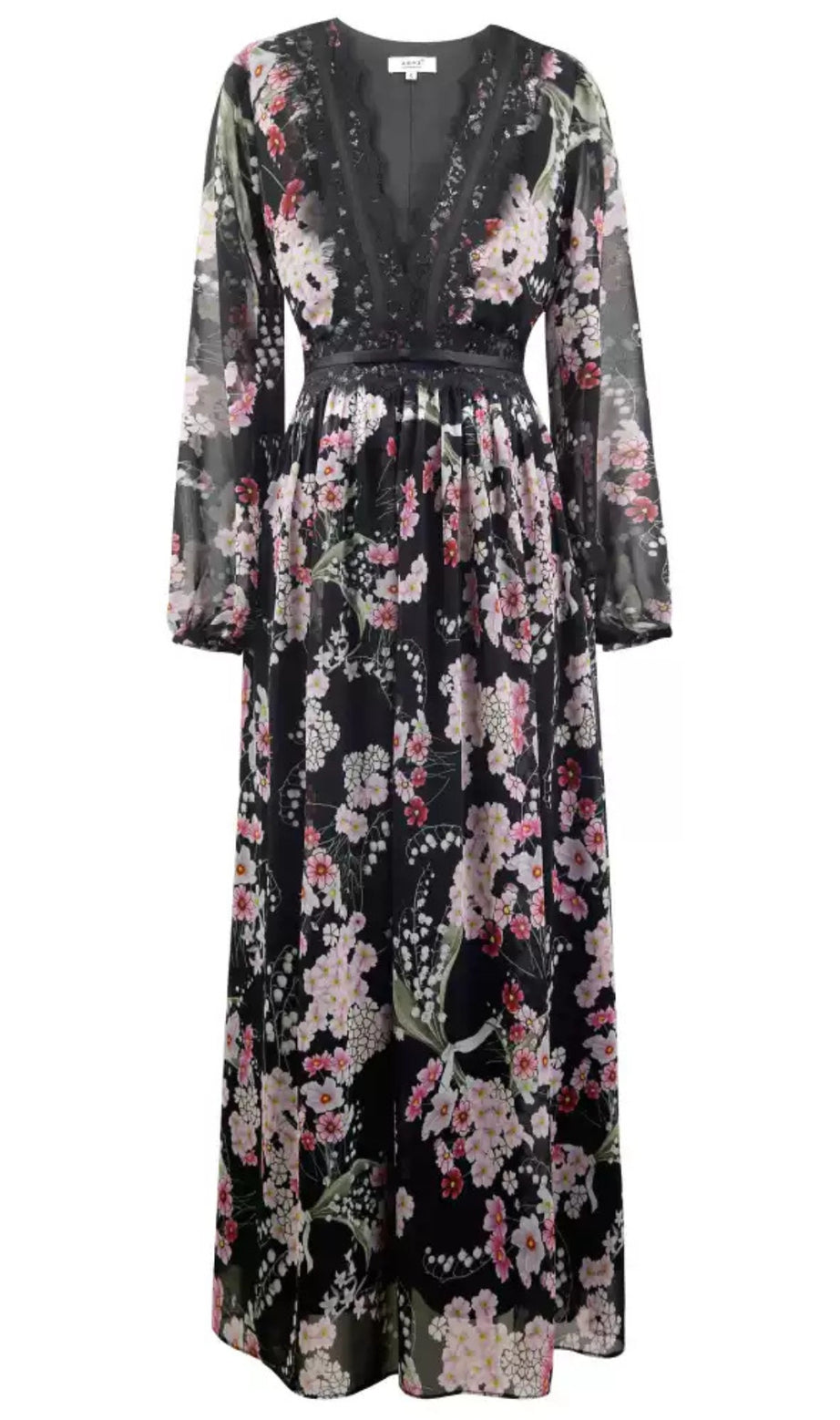 Black Floral Long Sleeve Maxi Dress with V - Neck and Lace Detail