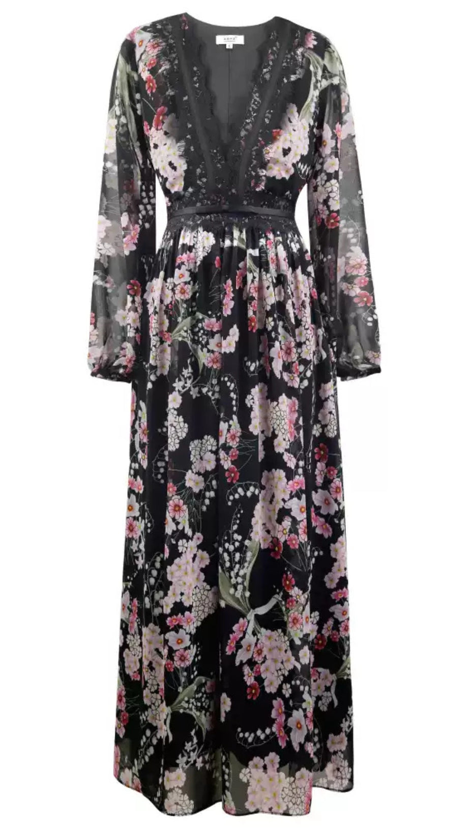BLACK FLORAL LONG SLEEVE MAXI DRESS WITH V - NECK AND LACE DETAIL