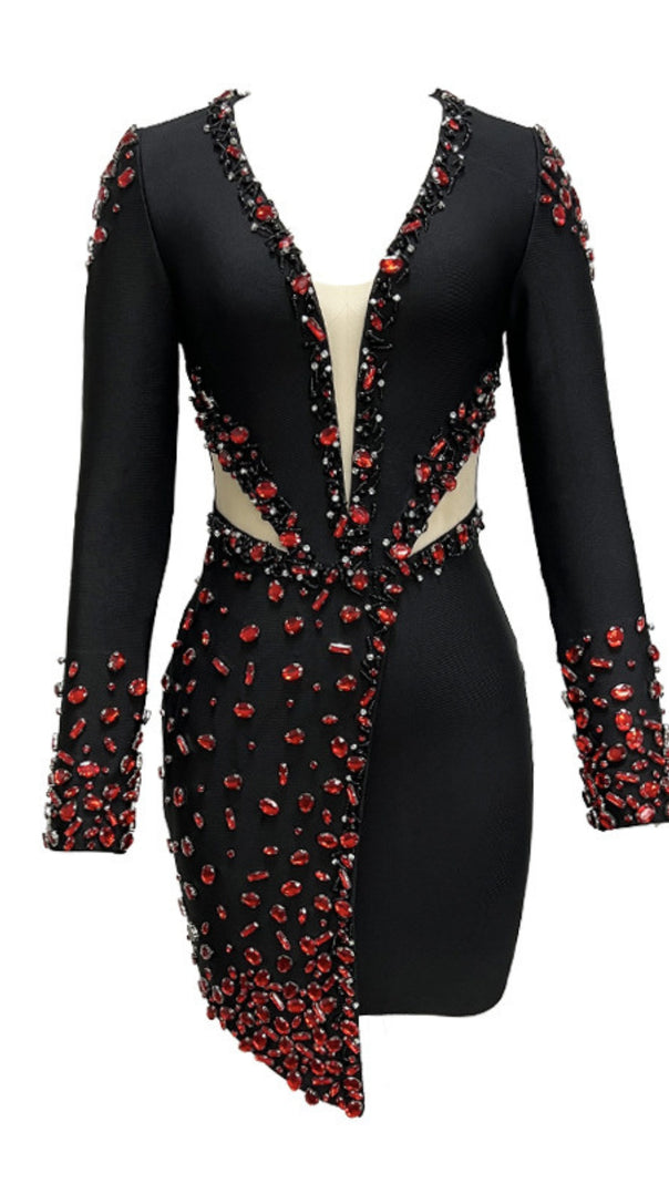 AIIZIE PLUNGE NECK RED RHINESTONE EMBELLISHED CUTOUT MINI DRESS IN BLACK - product image