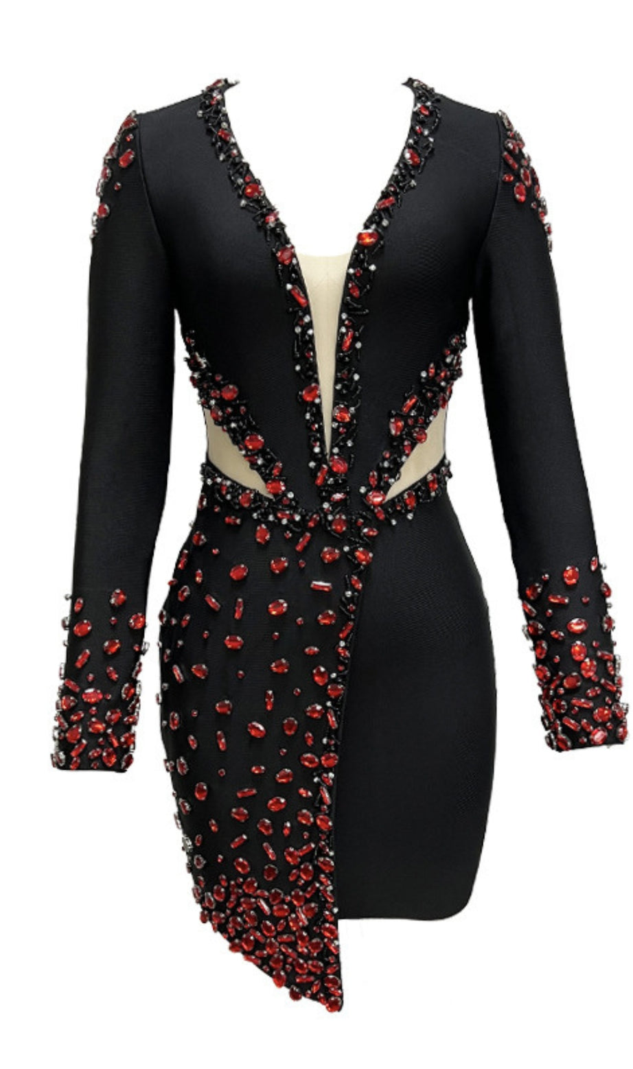 Mini abito nero con scollo profondo e inserti in strass rossi