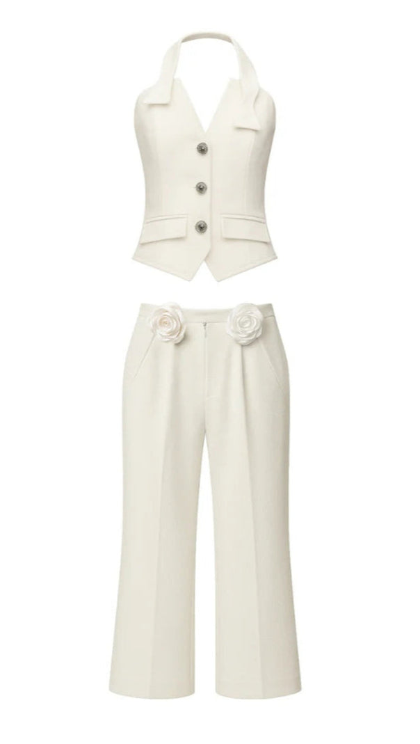 AIIZIE HALTER NECK VEST FLOWER EMBELLISHED PANTS SUIT IN IVORY - product image