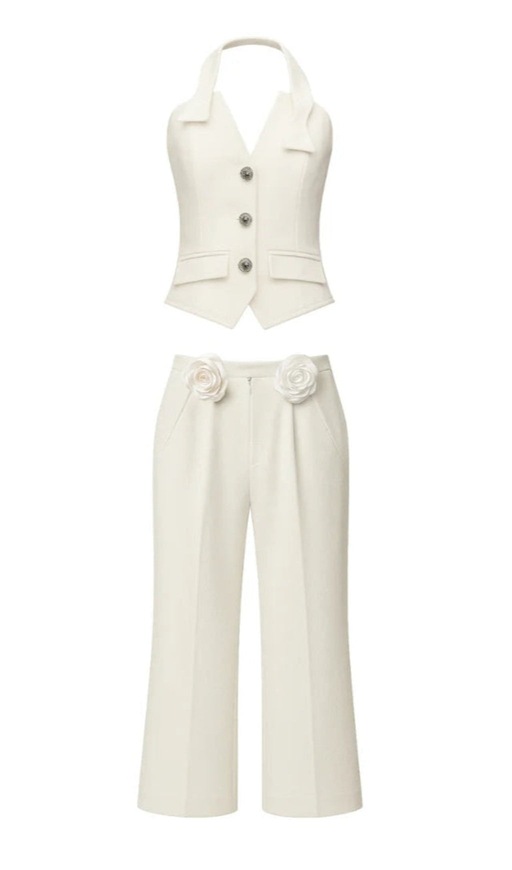 HALTER NECK VEST FLOWER EMBELLISHED PANTS SUIT IN IVORY