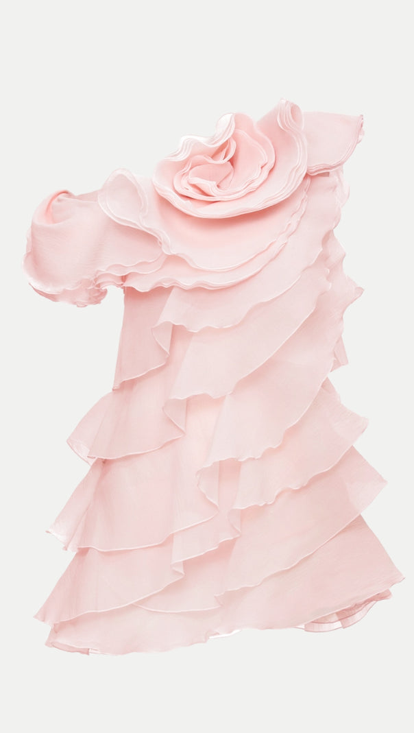 AIIZIE SHELYN FLOWER ONE SHOULDER RUFFLE MINI DRESS - PINK - product image