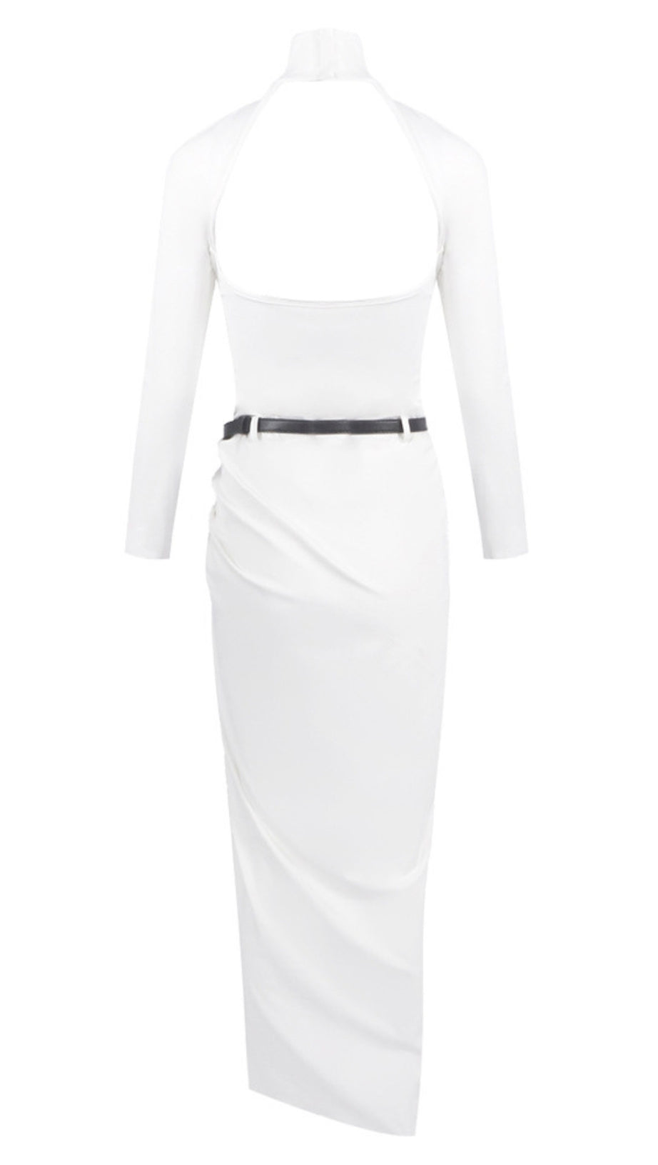 TURTLENECK BELTED DRAPED SLIT MAXI DRESS IN WHITE