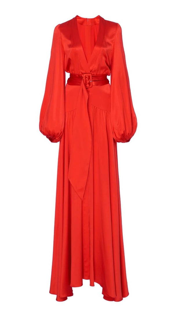 AIIZIE RED SATIN WRAP MAXI DRESS WITH PUFF SLEEVES AND BELT - product image