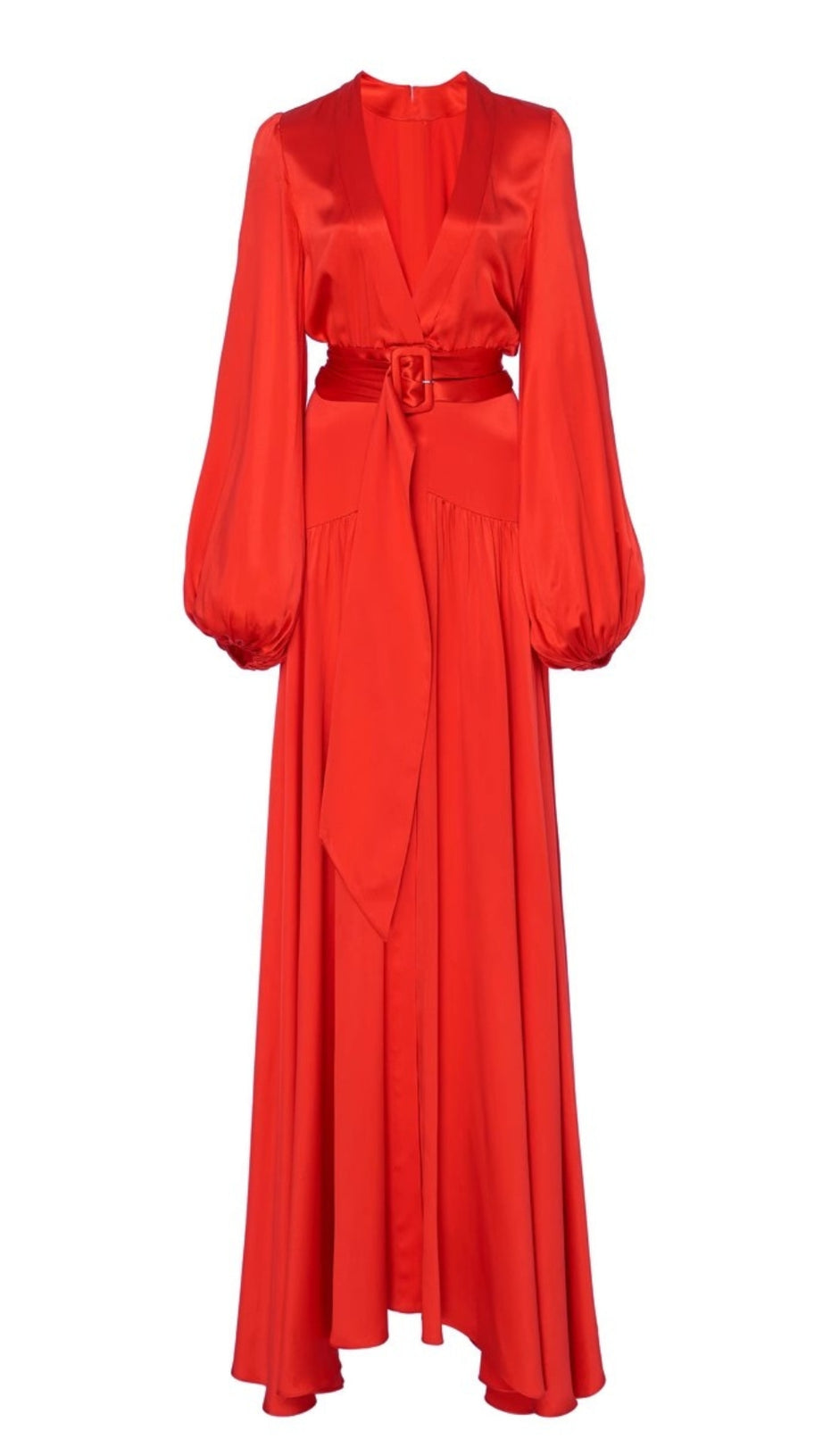 RED SATIN WRAP MAXI DRESS WITH PUFF SLEEVES AND BELT