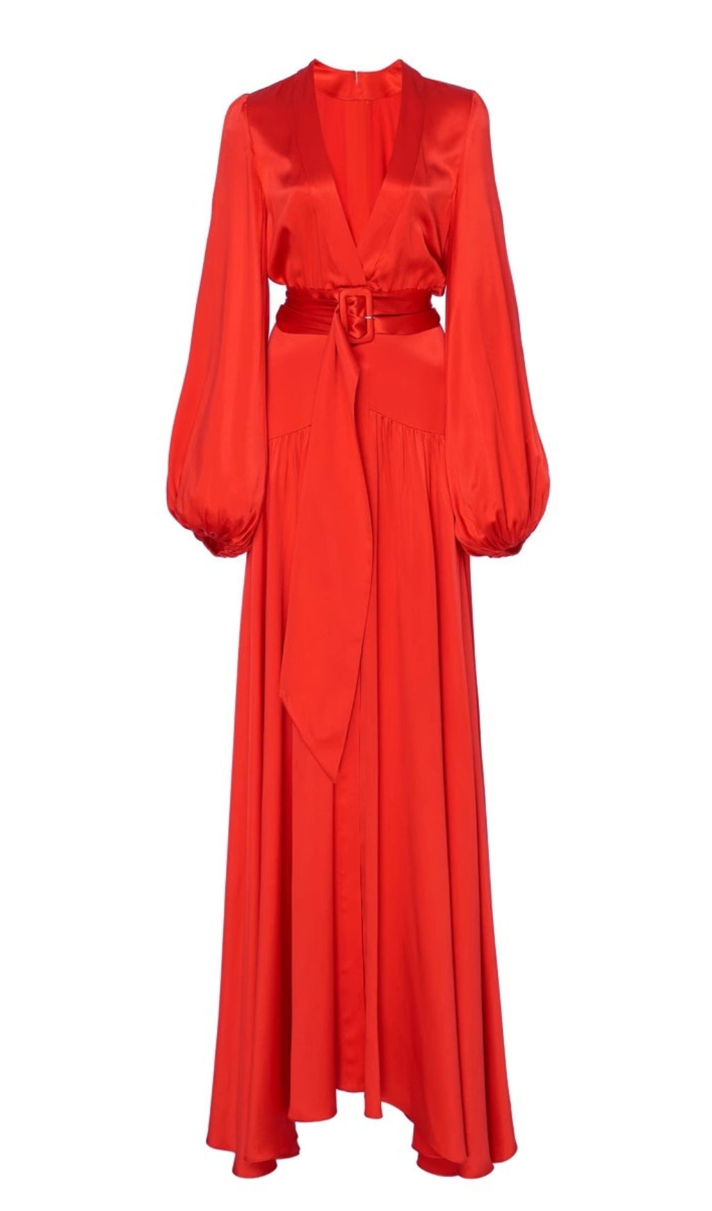 RED SATIN WRAP MAXI DRESS WITH PUFF SLEEVES AND BELT