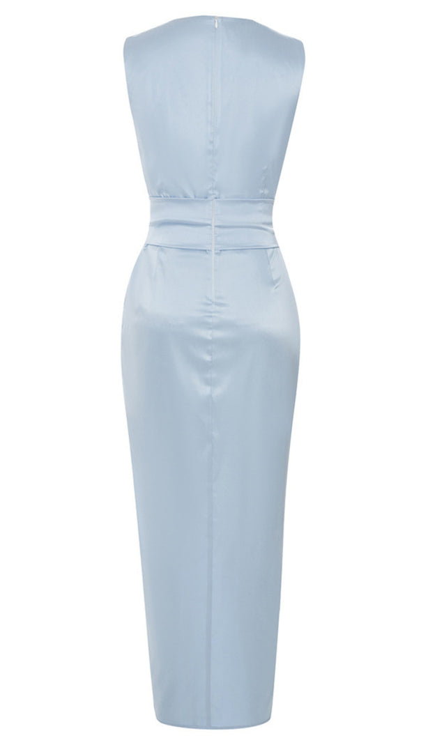 AIIZIE SATIN RUCHED BELTED MIDI DRESS IN LIGHT BLUE - product image