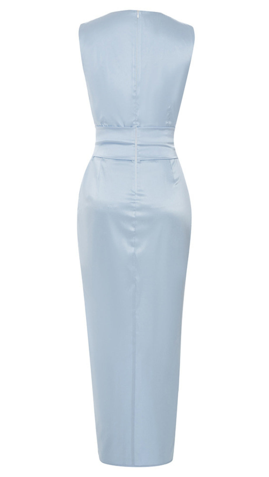 Satin-Midikleid mit Rüschen und Gürtel in Hellblau