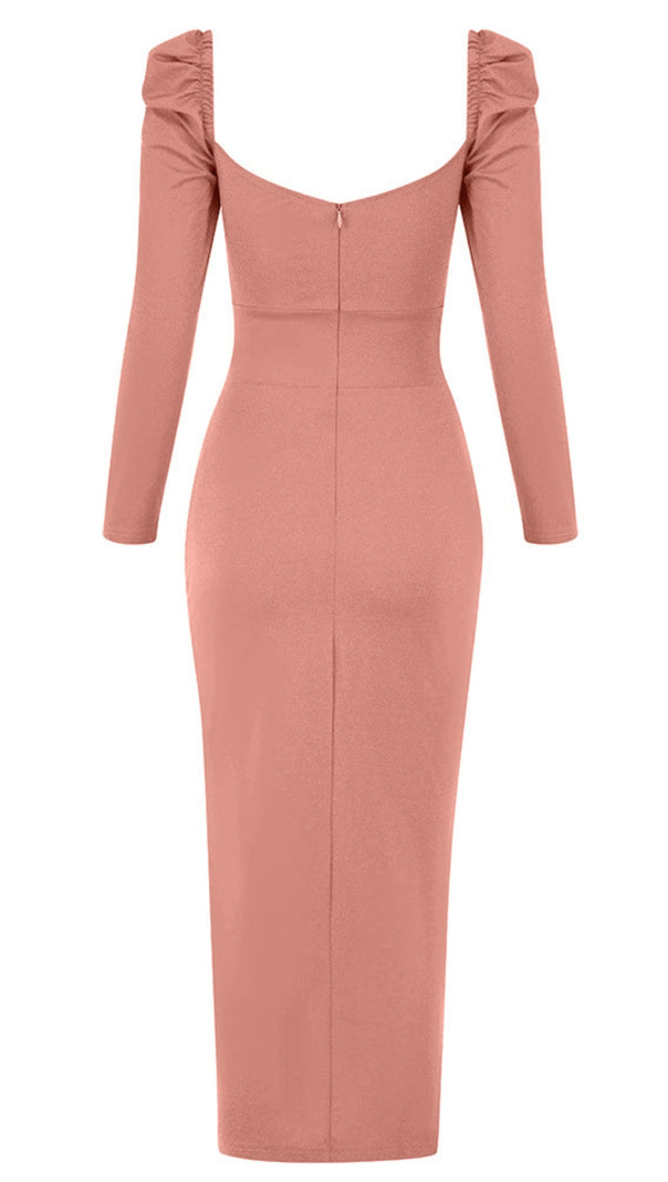 AIIZIE SQUARE - NECK PUFF - SLEEVE RUCHED SLIT MIDI DRESS IN PINK - product image