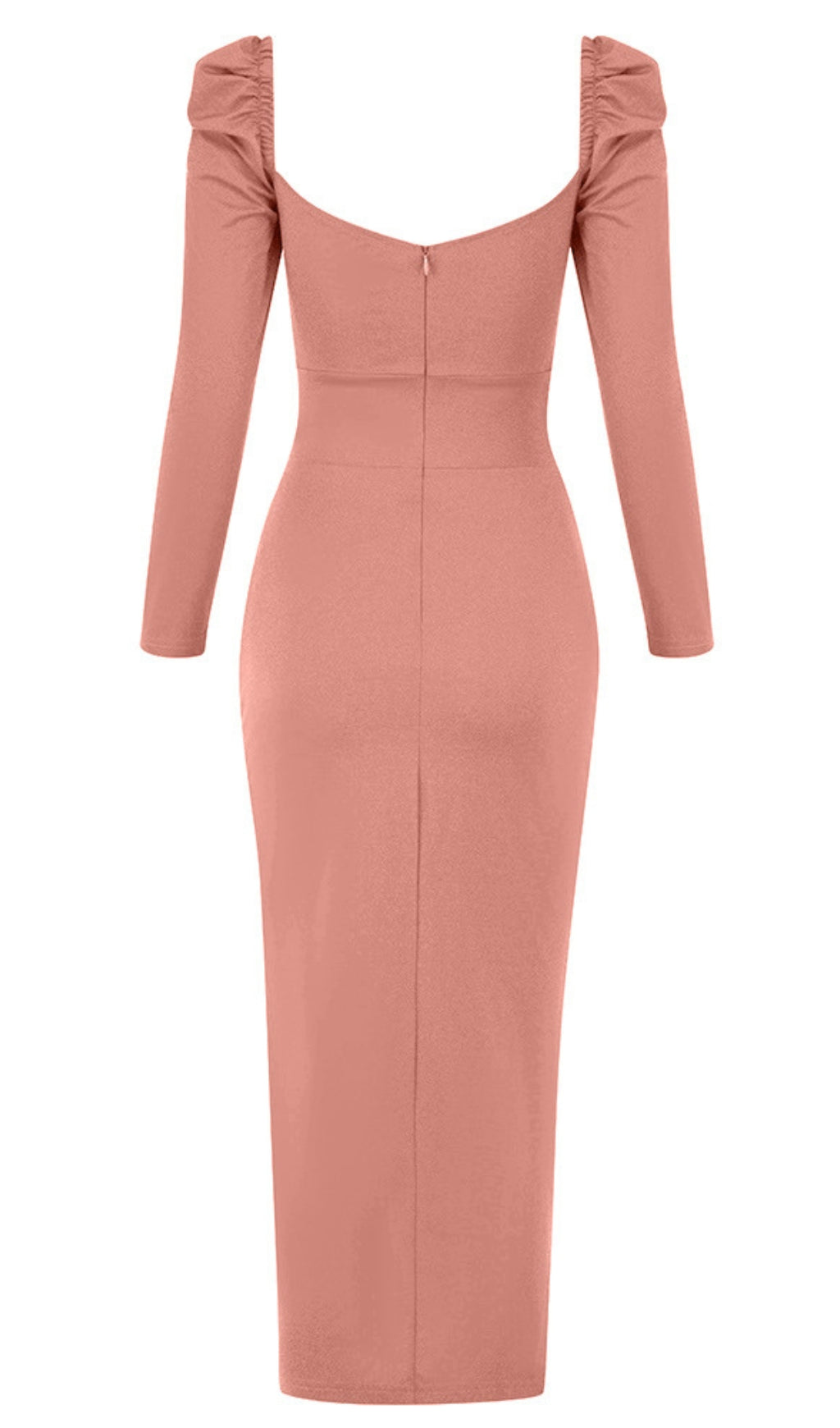 Square - Neck Puff - Sleeve Ruched Slit Midi Dress in Pink