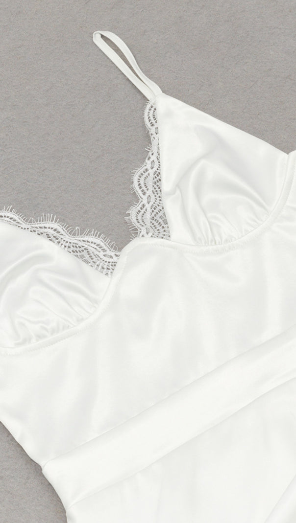 AIIZIE LACE - TRIMMED RUCHED ASYMMETRIC MIDI DRESS IN WHITE - product image